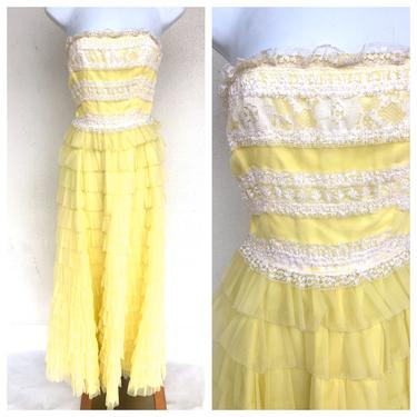 Vintage VTG 1950s 50s Yellow Tiered Cupcake Strapless Gown Dress 