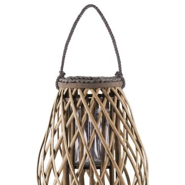 TAUPE BAMBOO ROUND BELLIED LANTERN WITH BRAIDED ROPE LIP AND HANDLE