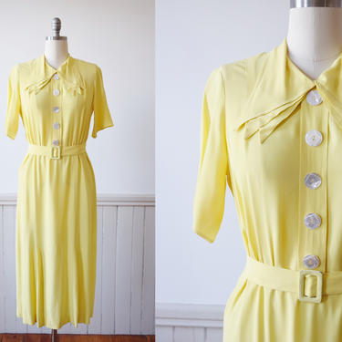 1930s Lemon Yellow Rayon Day Dress | 30s Vintage Dress with Belt | L 