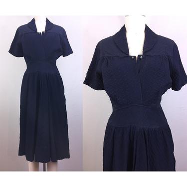 Vintage 40s Navy Blue Textured Dress 1940s M 