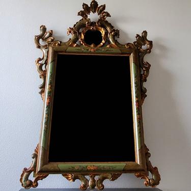 Vintage Venetian Rococo Italian Carved Painted Giltwood Mirror 