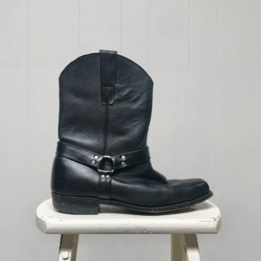 Vintage Black Leather Biker Boots, Short Harness Western Style Grunge Motorcycle Boot, Men's Size 11 D US 