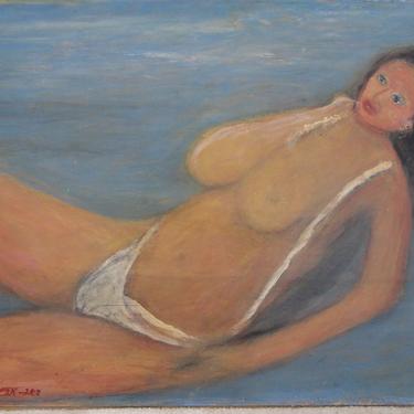 Original OUTSIDER Folk Art PORTRAIT 29x39&quot; Oil / Board, Nude WOMAN Female Blue Water, Mid-Century Modern Abstract Expressionist eames era 