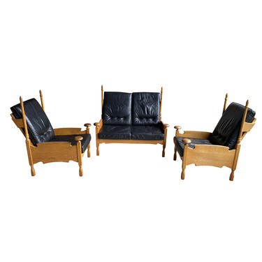 Oak and Leather Armchairs with Loveseat, NL, 1950&#8217;s