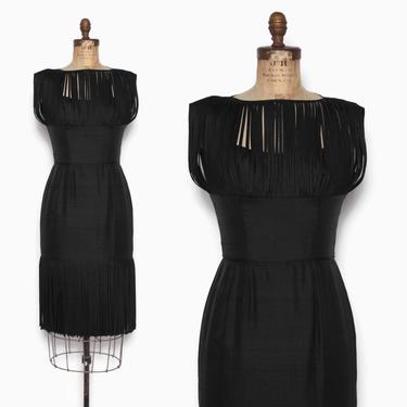 Vintage 60s Peekaboo Cocktail Dress / 1960s Black Silk Carwash Fringe Fitted Mignon Cocktail Dress 