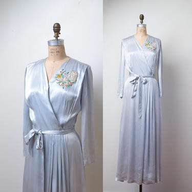 1940s Satin Dressing Gown / 40s Beaded Pale Blue Dress 