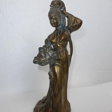 Vintage Bronze Sculpture Oriental Asian Woman Figurine Holding Basket 