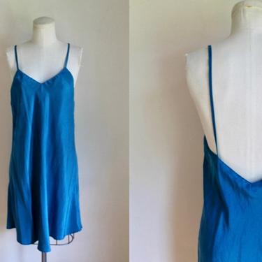 Vintage 1990s Teal Silk Slip / Slip Dress // M 