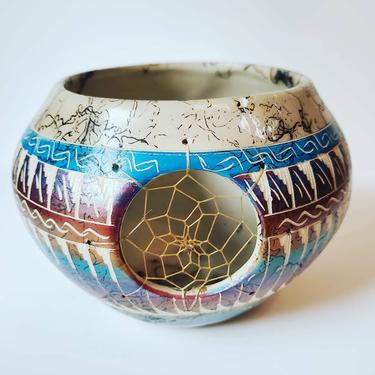 Navajo C Smith pottery vintage hand painted and hand crafted with Dreamcatcher vessel, 1980s 