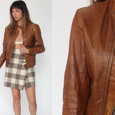 Brown Leather Jacket BOMBER Coat Leather Moto Jacket 70s Biker Motorcycle Flight Vintage 1970s Hippie Hipster Bohemian Extra Small xs 