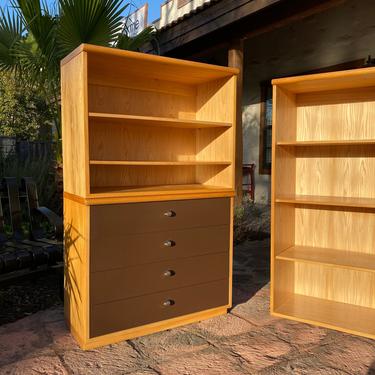 Mid Century Modern, Blond Oak 2-Piece Chest with Removable Hutch Top, Adjustable Shelves, Designed by Jack Cartwright for Founders 
