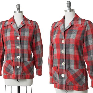 Vintage 1950s Jacket | 50s Pendleton 49er Style Plaid Wool Red Grey Chore Coat (medium) 
