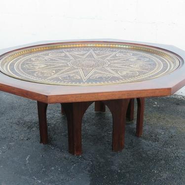 Zodiac Style Carved Metal Mid Century Modern Glass Top Octagon Coffee Table 2595