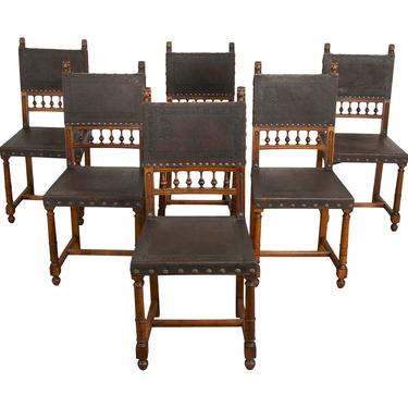 Antique Set of 6 French Henry II Hunting Renaissance Walnut Dining Chairs W/ Hand- Tooled Leather 