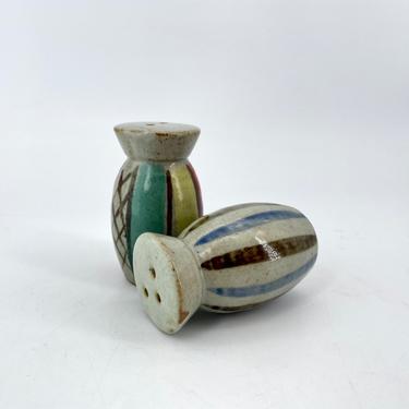 1960s Japan Salt Pepper Shakers Vintage Mid-Century Otagiri Striped Painted Stoneware Japanese Design Organic Studio Pottery Style 
