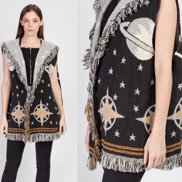 Vintage Celestial Fringe Tapestry Vest - One Size | 90s Stars &amp; Planets Hippie Blanket Coat 