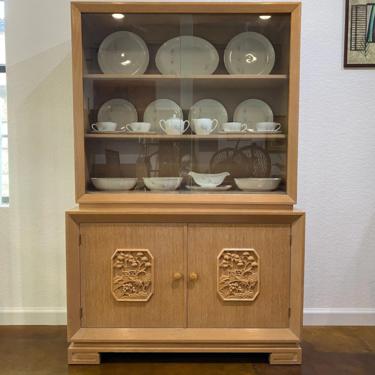 1950s Mid Century Modern Oak Chinoiserie China Cabinet with Glass Sliding Doors & Lower Cabinet, James Mont Style 