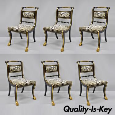 6 Black and Gold Regency Style Paw Feet Dining Chairs Leopard Fabric