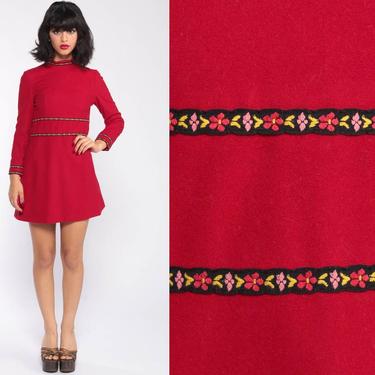 Wool Babydoll Dress 1970s Mod Mini Dress Red Dress 70s Party Empire Waist Twiggy Dolly Vintage Long Sleeve Plain Winter Fall Small 