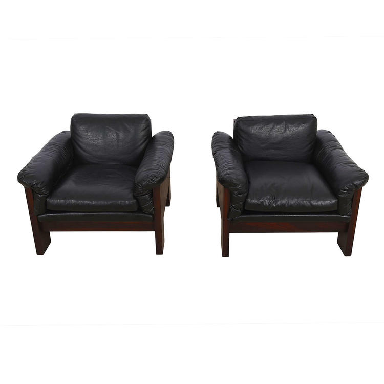 Pair of Danish Modern Rosewood Black Upholstered Lounge Chairs