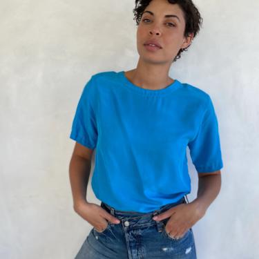 Vintage 90s Pure Silk Turquoise Boxy Short Sleeve Blouse - Oversized Fit Teal Blue Top 