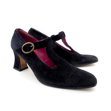 Shoe Booties Black Vintage 1980s Charles Jourdan Black Suede Leather Heeled Booties Mary Janes Shoes size 8 1/2 