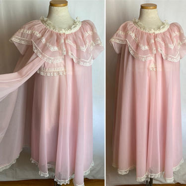 Peignoir set~ sheer pink lacy pajama set~ night gown  & robe~ true vintage pin up rockabilly ~ bridal honeymoon ~Eve Stillman 50’s-60’s 