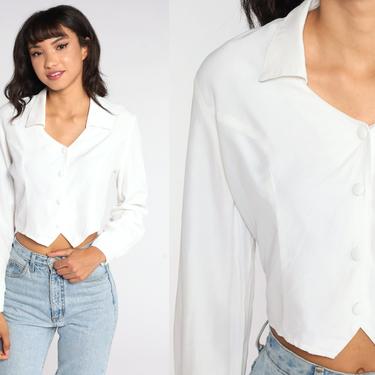 White Cropped Blouse 90s Plain Crop Top 80s Long Sleeve Shirt Collared Button Up Shirt Party Top Vintage Plain Medium 