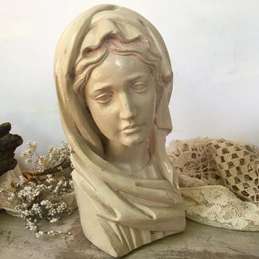 Vintage Chalkware Virgin Mary Bust, Religious Sculpture, Mary Statue 