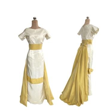 Vintage 50s cream & yellow iridescent taffeta gown with detachable train 