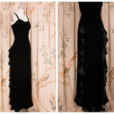 1940s Dress - The Lorien Gown - Vintage 40s Sleeveless Black Velvet and Evening Gown with Waterfall Ruffles 