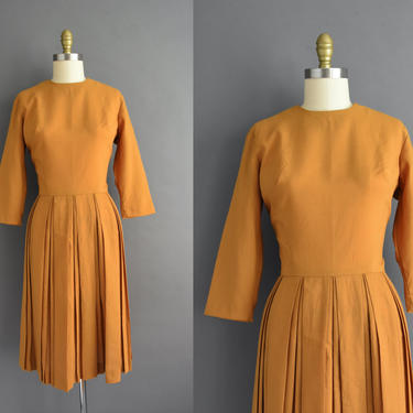 vintage 1950s | Judy Lue Golden Mustard Cotton Pleated Full Skirt Shirt Dress | Medium | 50s dress 