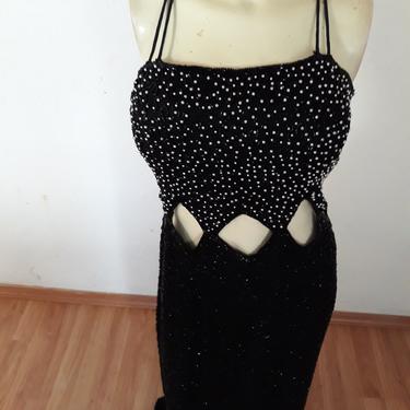 90's Vintage SEQUIN cut out dress, silver beaded gown, full length embellished dress, size large. 