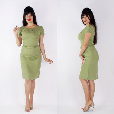 MINX... vintage 1950&#39;s Carlye Moygashel olive green linen bombshell wiggle dress 