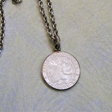 Vintage Sterling and White Enamel Saint Christopher Pendant, Old Small St. Christopher Medal (#3932) 