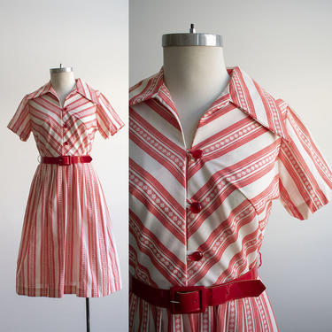 Vintage 1950s Shirt Dress / 1950s Red and White Striped Dress / 1950s Cotton Shirt Dress / Vintage 50s Red and White Cotton Day Dress 
