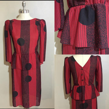 80s Does 40s Peplum Dress | Secretary Dress | Geometric Pattern 