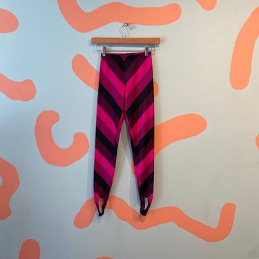 Vintage 80s Wags Brand Hot Pink and Black Stirrup Stretch Lycra Spandex Pants Diagonal Stripe Elastic Waist size S 
