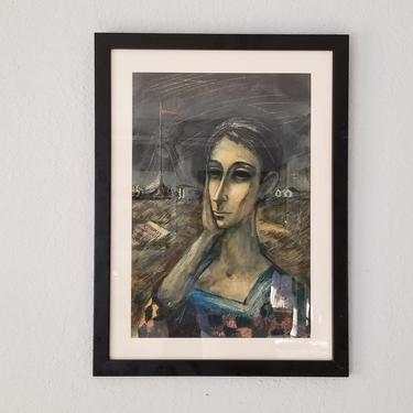 1950 Vintage Impressionist Abstract Female Portrait Painting, Signed. 