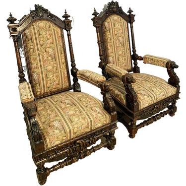 Antique Chairs, French Hunting Lodge, Pair, Ornately Carved, Arched Frame, 1800s