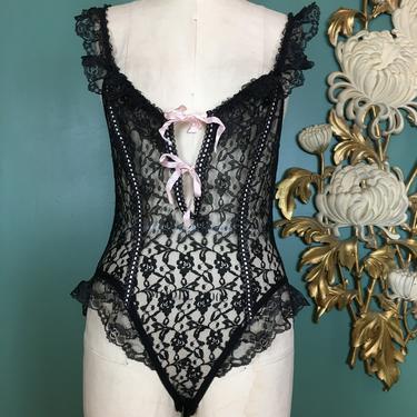 black lace teddy, see though, sexy lingerie, vintage teddy, one piece lingerie, small, tie front, ruffled, pin up style, boudoir, burlesque 