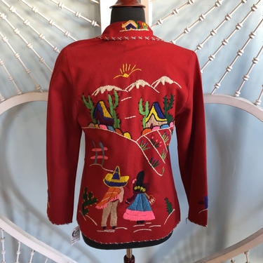 Vintage 1940s Yarn Embroidered Red Mexican Souvenir Jacket - XS- Small 