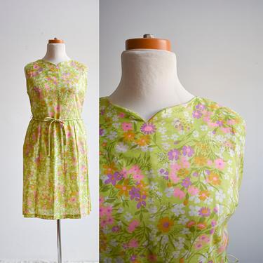 1960s Green Floral Cotton Dress with Belt 