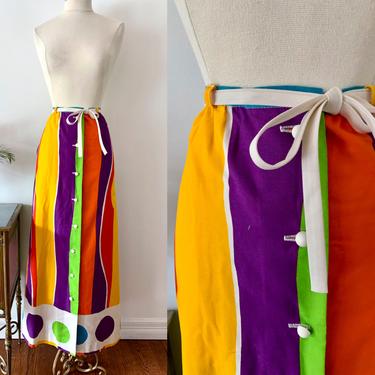 Bold Colorful Pop Art Maxi Skirt / 1970s David Smith Vintage Long Skirt / Striped Polka Dot Skirt Purple Yellow Green Orange / Size 8 Medium 
