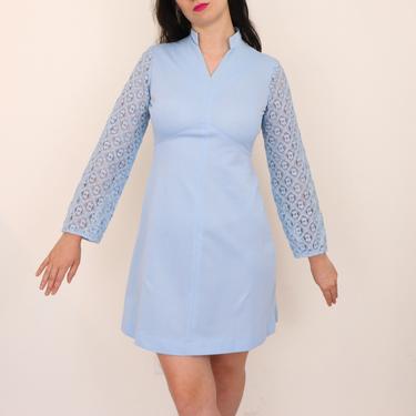 1970&#39;s Disco Dress/ Vintage Baby Blue Mini Dress/ 70s Dress with Statement Sleeves/ Mod Dress with Crocheted Sleeves/ Size Medium 