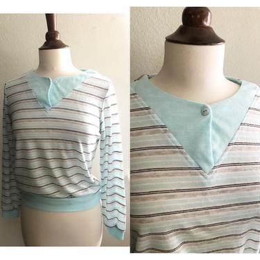 Vintage 70s thin long sleeve striped grey baby blue xs 