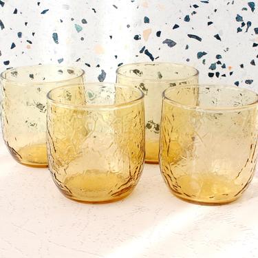 Vintage 1970s Autumn Leaf Amber Drinking Glasses - Anchor Hocking Thanksgiving Short Tumbler Glasses - Set/4 