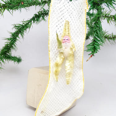 Vintage Christmas Mesh Stocking with Chenille Santa, Antique Candy Container Ornament, Retro Decor 