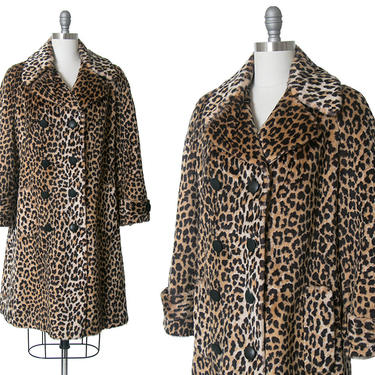 Vintage 1960s Coat | 60s Leopard Print Faux Fur Double Breasted Jacket Animal Print Long Winter Peacoat (medium/large) 