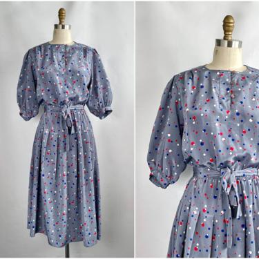 LOTTY DOTTY Design Imprints Vintage 80s Dress | 1980s Gray Polka Dot Print Silky Midi Silky w/ Tie Belt Puff Sleeves | New Wave | Size Small 